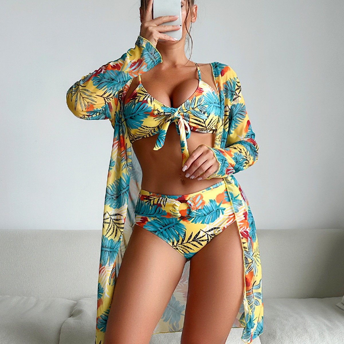 Kimono Sheer Floral - Женский трехкомпонентный купальник с цветочным принтом: